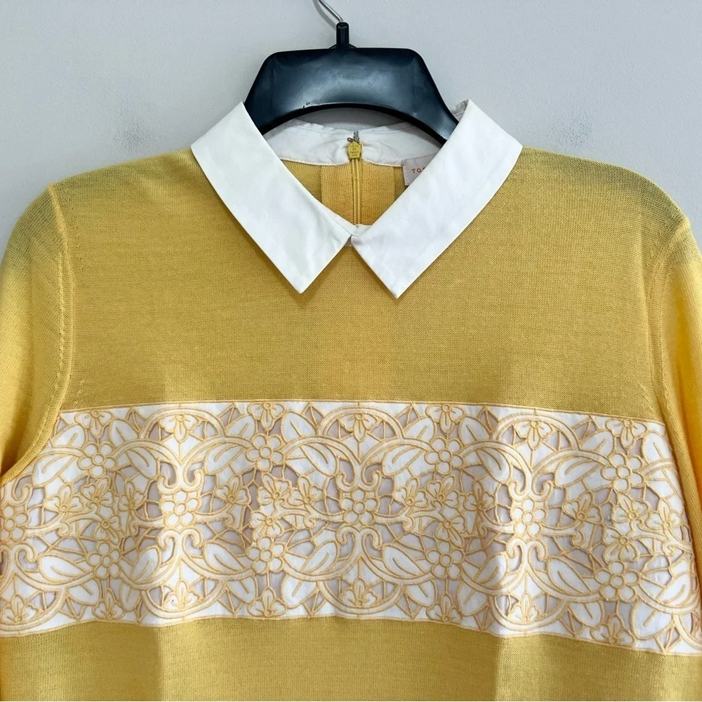 Tory Burch Edwina Embroidered Panel Merino Collared Sweater, Sun Yellow, S/P